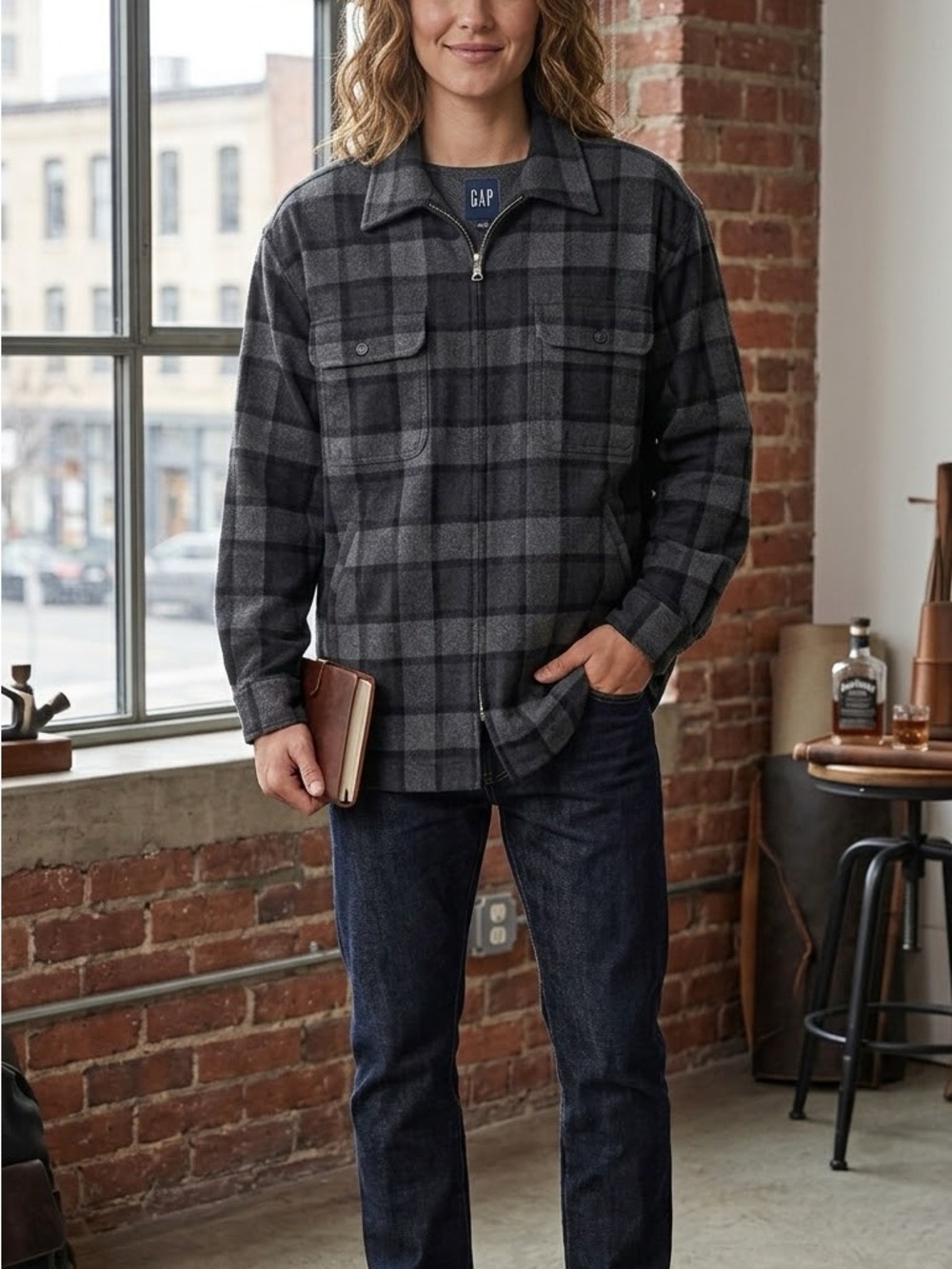 GAP Men’s/ Women’s Charcoal Plaid Full-Zip Jacket